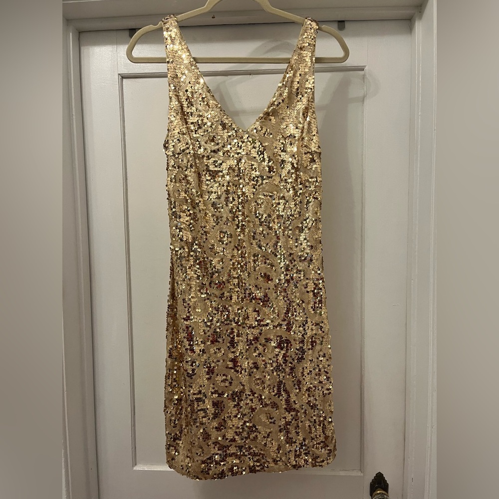Gold sequin Bebe fitted mini dress, size L